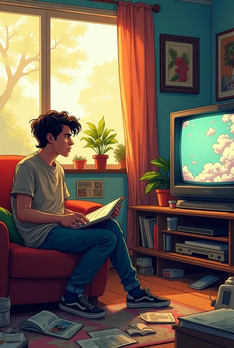 Do a young American comic book drawing watching TV in his living room 