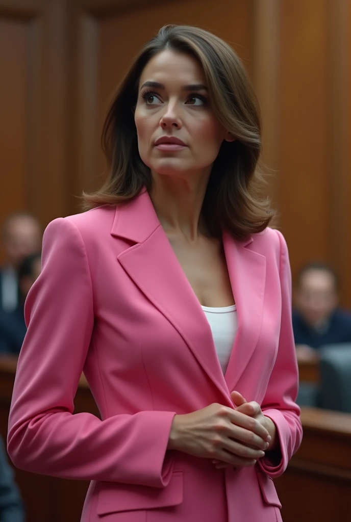 Create an imageGod and a female lawyer with mid-length brown hair standing supportively in a courtroom, with no glowing effects around God. Hns on her shoulder as she talks in a pink suit god in color 