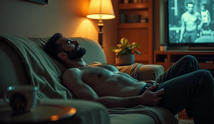 Movie scene, Wolverine sleeping on the couch with the TV control in his hand