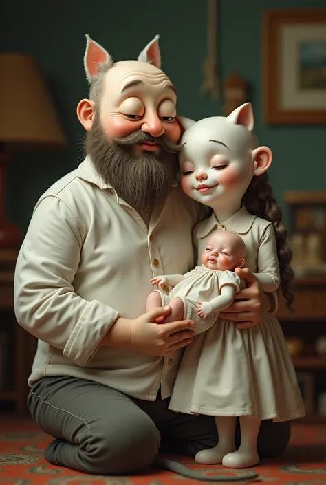  a 35-year-old man , white,  bald woman with a full beard a little stuffed ,  with a 30-year-old white ,  Catira who is carrying a 1-month-old girl born white Catira and a gray cat in her family 