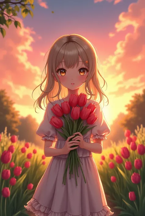 An anime girl holding tulips and looking at us and the sunset behind her