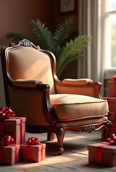  now a well-upholstered armchair,  Detailed , with gifts around her 