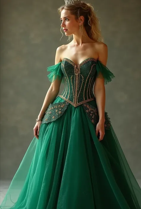 Je veux que tu me crées une robe de princesse, un peu comme celle dans Disney. Je veux des manches en dentelle mais elles ne doivent pas recouvrir les épaules. Il me faut un corset avec un petit décolleté. La robe doit être vert amende avec des ornements b...