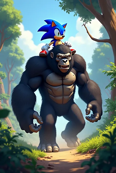 I plot an image where Sonic is riding a gorilla 