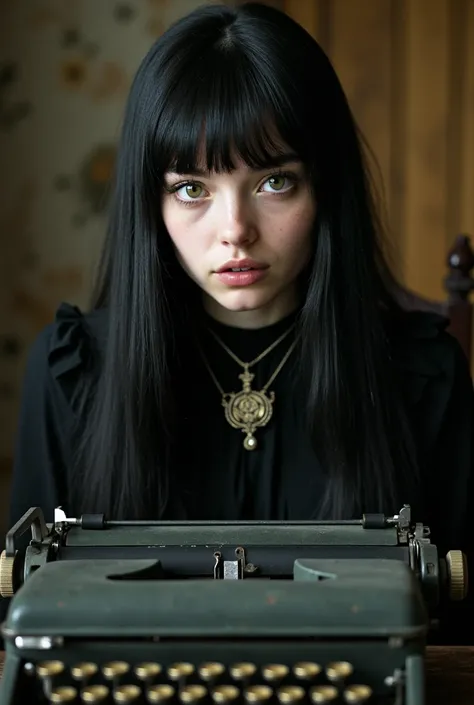 A young woman with extremely long and straight hair in black and with bangs,  with the Ginevra de Benci brooch on her vintage black dress, greenish eyes ,  large exposed teeth, sad look, very realistic image, tem que ser realista a imagem, os dentes separa...