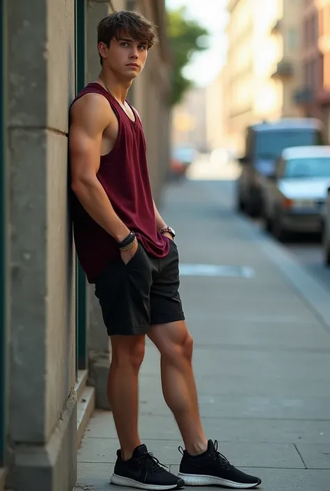 Male, Caucasian, teenager, with brown hair, green eyes, athletic body, smooth skin texture, serene expression, wearing dark red sleeveless shirt, tight black shorts, black sneakers, and body accessories, leaning against a wall on the street, facing the vie...