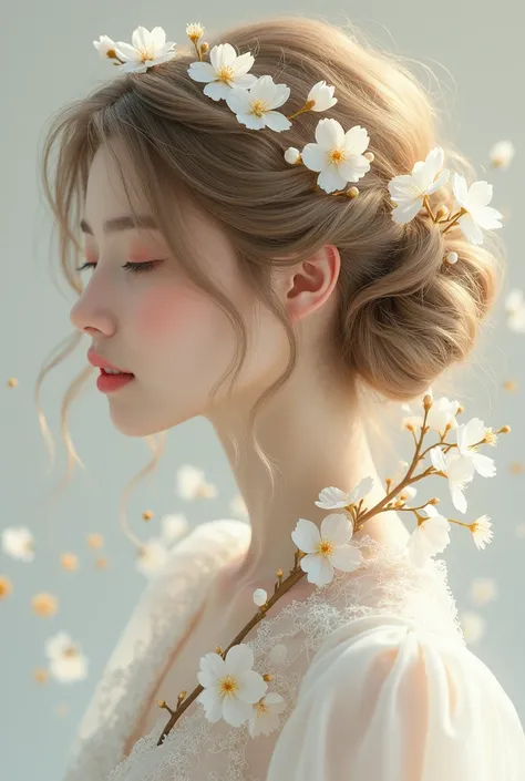 Light brown curly hair hairstyle with blond highlights ,  with a headdress of 10 white cherry blossoms falling in the shape of a waterfall and some tangled in the hair as if they were loose.