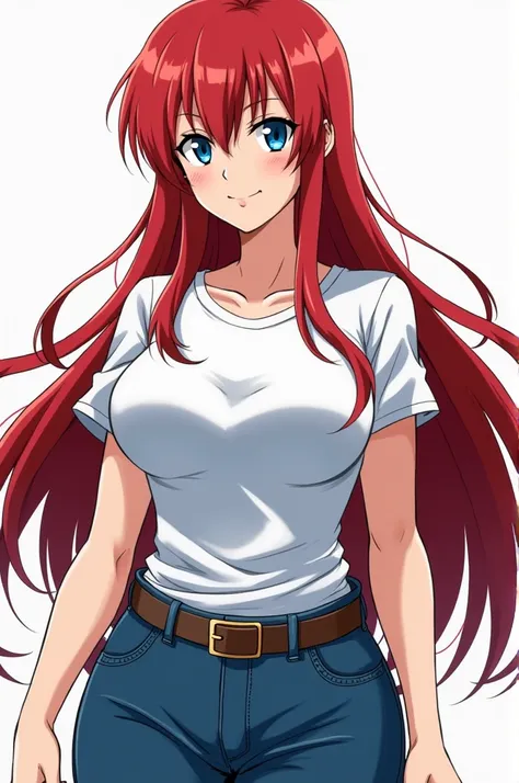 aozaki aoko, anime style, long hair, red hair, blue eye, t-shirt, big breasts, white shirt, belt, blue jeans, high waist jeans