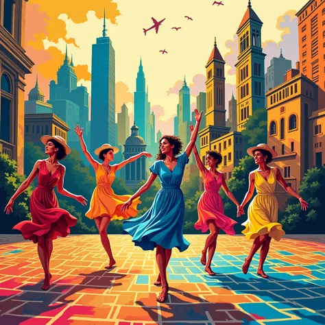 Pop art style with vibrant, bold colors. The scene captures the essence of global travel and tourism. represents a different part of the world, with dynamic, fluid choreography. The background is a collage of iconic landmarks and abstract elements that sug...