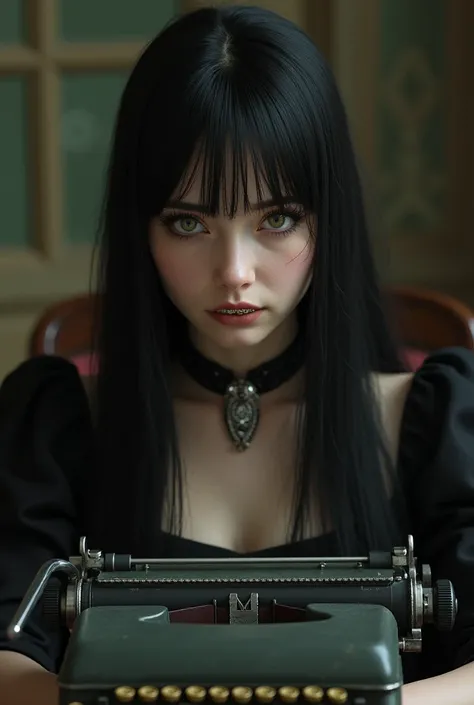 A young woman with extremely long and straight hair in black and with bangs,  with the Ginevra de Benci brooch on her vintage black dress, greenish eyes ,  large exposed teeth, sad look, very realistic image, tem que ser realista a imagem, os dentes separa...