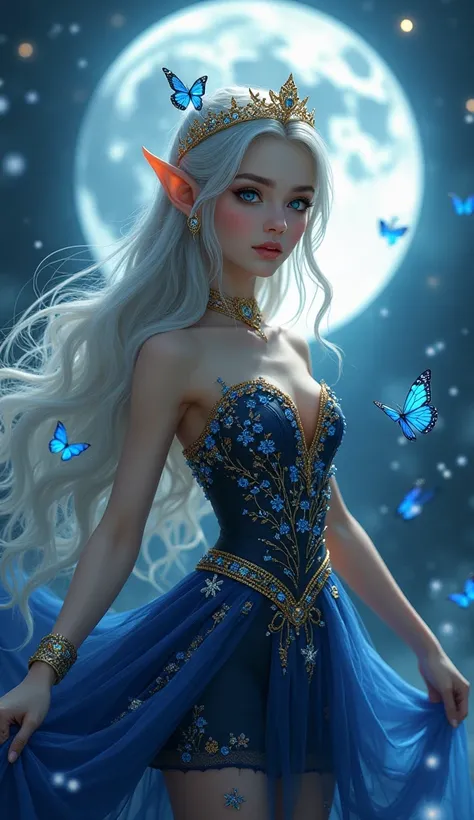 a young elf , slim figure,  elegant and sexy , with marble-white skin and waist-length hair , negro, adorned with flowers and butterflies .  Her blue eyes shine brightly , transmitting serenity and power .  She wears a short thigh-length and majestic dress...