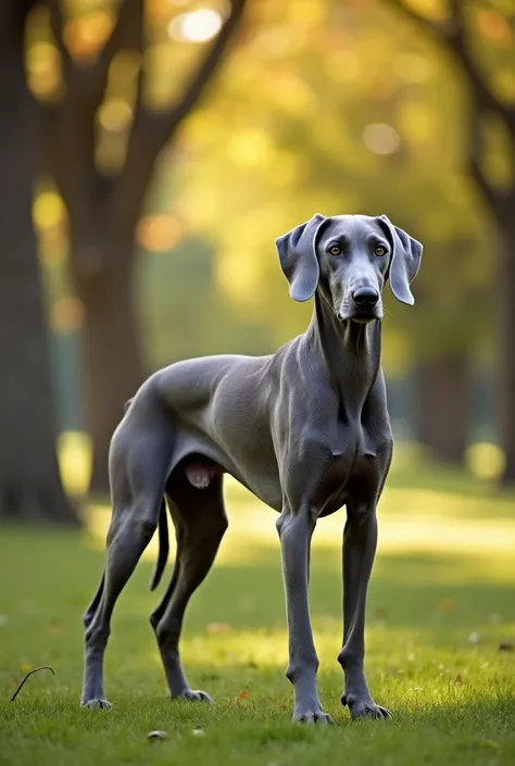 A dog of the Weimar Braco breed Gray Hound in a park with trees