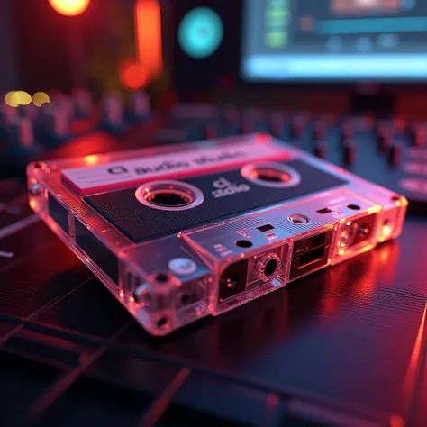 a cassette tape playing "New Song MASTER Ver.", with the text "CL-Audio STUDIO", detailed realistic close-up, 4k, high quality, professional studio lighting, vibrant colors, dynamic composition