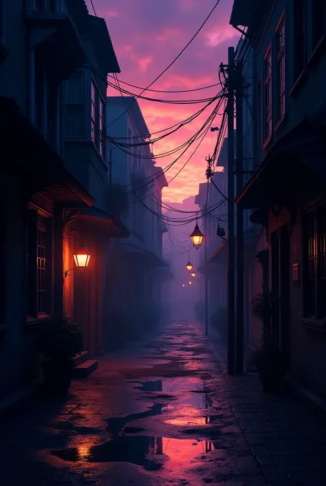  Silhouette of an urban alley with lamps and hanging cables,  old buildings with detailed windows ,  purple and orange twilight sky ,  reflections of window lights on the wet floor ,  dramatic and melancholic atmosphere ,  Ultra-detailed, masterpiece in 8k...