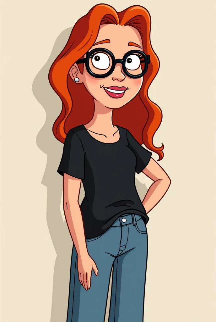 Character of a red-haired girl from Family Guy, short, skinny,  long hair, glasses, brown eyes and black top with wide jeans .