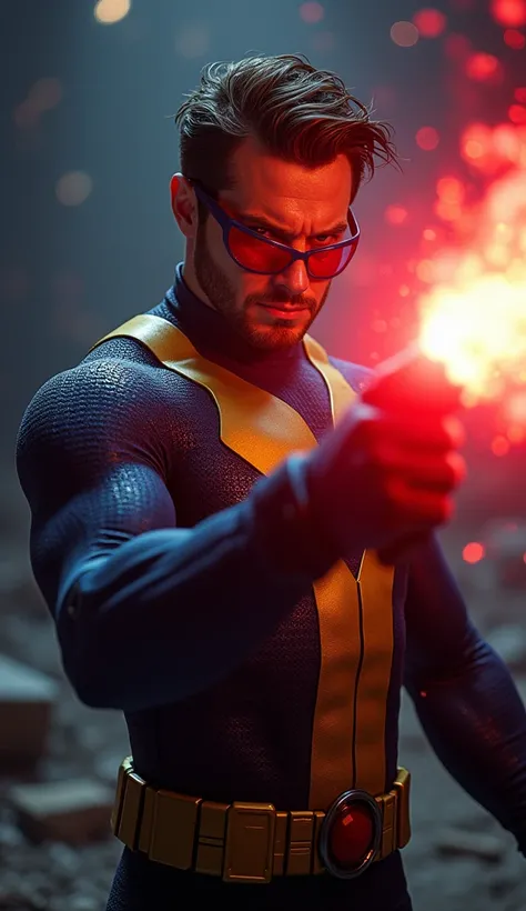 REalistic Marvel&#39;s Cyclops x-man firing red laser blast from his red eyes at night. wearing a blue and gold suit with a red and yellow visor covering his eyes