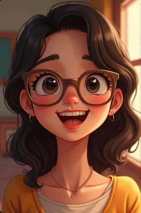  A girl with a cheeky face and with a pleasant and beautiful smile, medium glasses , Semi-long hair,  tender skin ,  smooth and dark-colored 