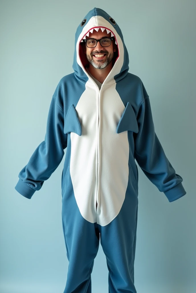 Man with glasses in a full size shark pajamas with hood