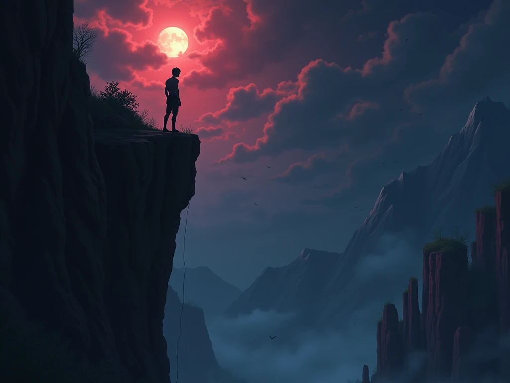 a subject climbing a cliff with nothing but the strength of his arms in the middle of the night with a storm and rays of red in the background in the anime version looking up while there are stalactites below that if he falls he dies and who is muscular