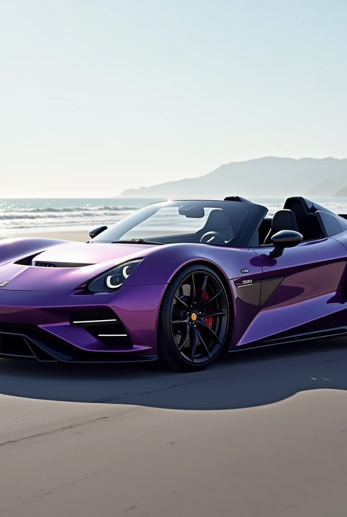  Futuristic concept car convertible style roadster sports car made by Abarth Motors symbol of Abarth on the front of the car car in purple metallic polished with details in matte black other beach