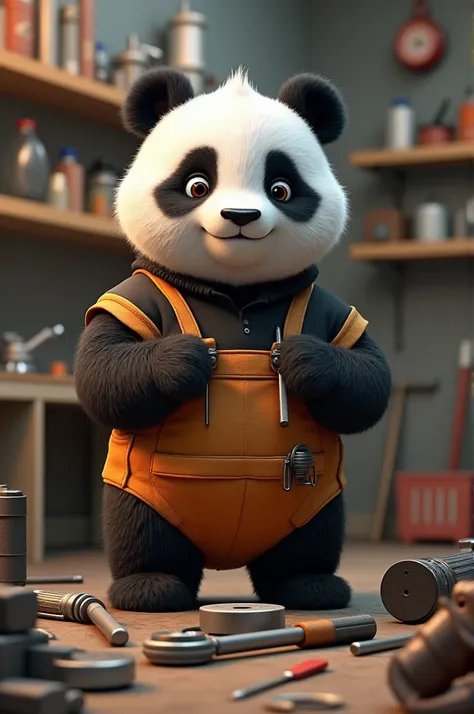 Panda holds workshop equipment and wears a black and orange workshop shirt