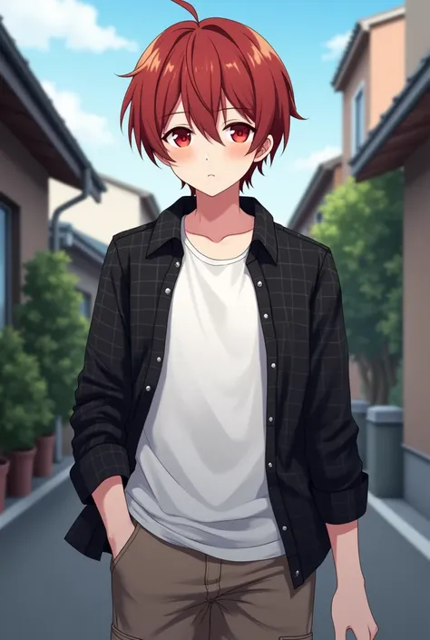 Reddish brown hair, short hair ,Red eyes, pure white skin,Beautiful Boy, curvy body , boyish ,cool, muscular, Tall, small tits, slender figure, with a dignified face , white long sleeve t-shirt ,Im wearing a black flannel shirt over a long-sleeved t-shirt,...