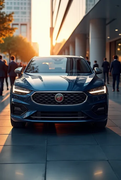   realistic photo .  Large four-door luxury sedan .  Navy blue with chrome. made by Abarth Motors .  Headlights in a black mask in front of a futuristic mirrored building. sunrise.  Executives around going to work . Abarth symbol on the grille