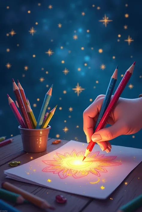 Drawing with various colored pencils and stars