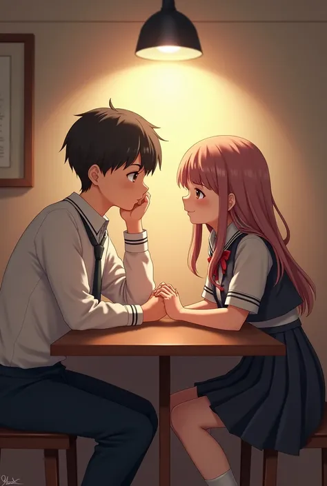 A boy and a girl wearing school uniform sitting in a close room boy half leaning on the table with his one hand under his head and boy and girl interlocking eachothers hand on the table