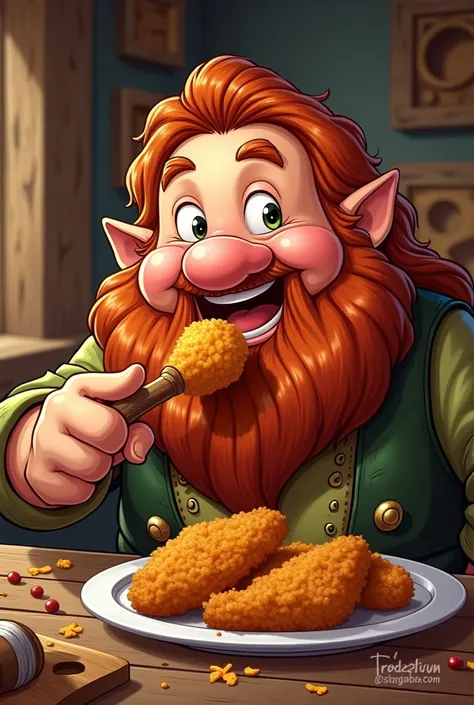 Dwarf cartoon, con cabello largo rizado, eating fried chicken