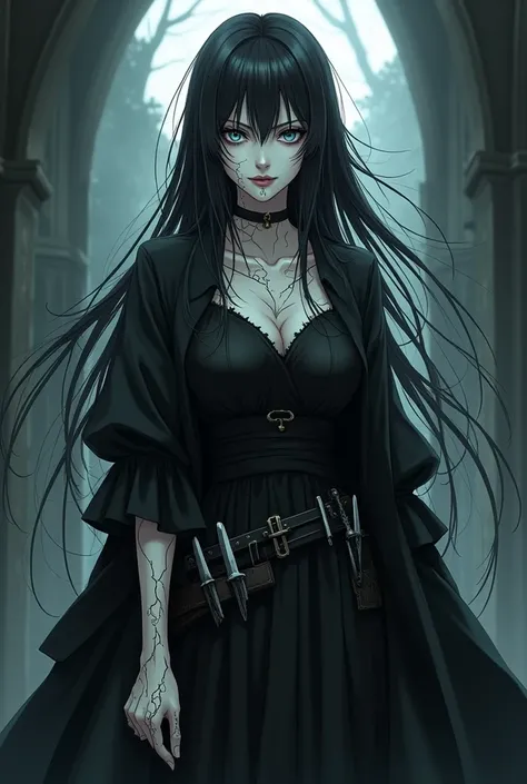 Draw for me a white woman with black hair with blond wigs, Draw her in anime style ,  her eyes are light blue and she has black veins all over her body and even on her face ,  she wears a black dress and a black overcoat on her shoulders similar to ,  she ...