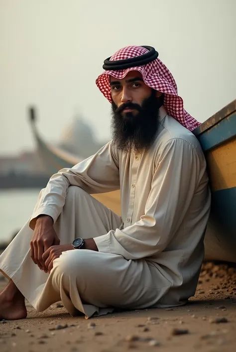 there is a man sitting on the ground next to a boat, a picture by Riza Abbasi, pexels, dau-al-set, very very low quality picture, kyza saleem, captured on canon eos r 6, shot on nikon z9, taken with the best dlsr camera, arab man light beard, wearing tradi...