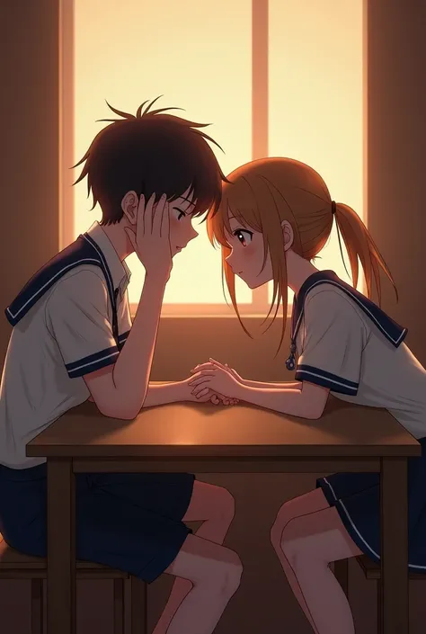 A boy and a girl wearing school uniform sitting in a close room boy half leaning on the table with his one hand under his head and boy and girl interlocking eachothers fingers above the table