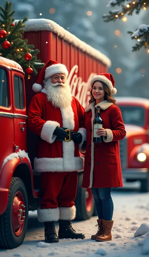 Santa Claus with Christmas truck Fernet Branca and Christmas woman 18 years old with truck Coca Cola 