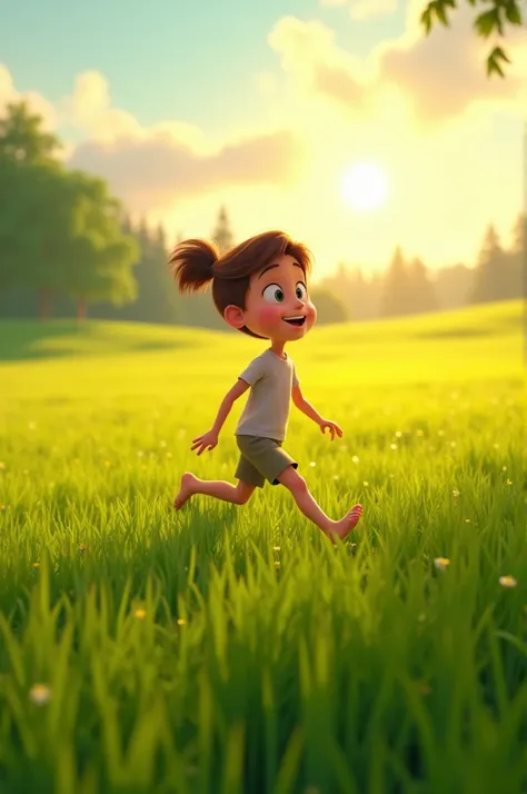 " Pixar-style cartoon of a person walking barefoot on a field of vibrant green grass, with the sun shining in the background and the energy of nature visibly flowing to your feet ."