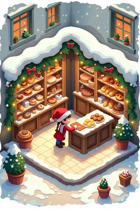 Isometric Christmas bakery shop shelves sticker set 