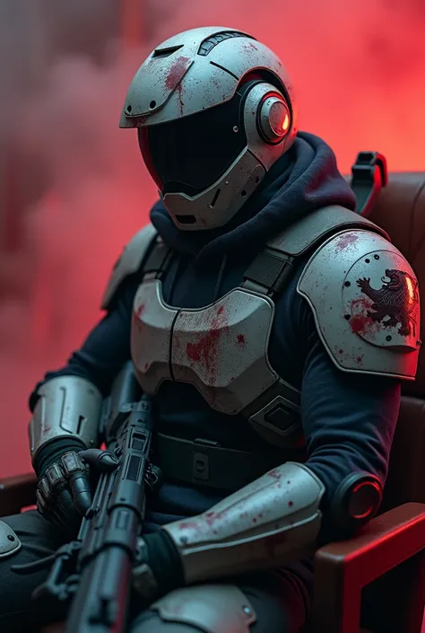 AI
Generate a picture of a man sitting in a foggy, room. With a red hue in the fog. The man sitting down in the chair has a futuristic riot gear armor that’s slightly damaged, looking like it’s been through many battles and fights. The man has his helmet o...