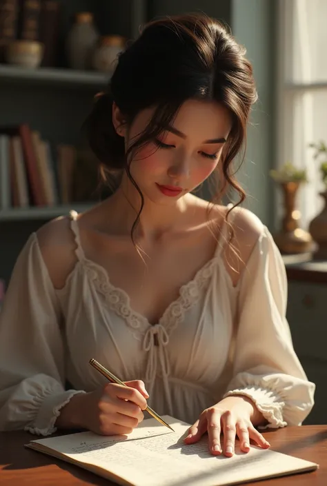 A beautiful lady writing a letter 