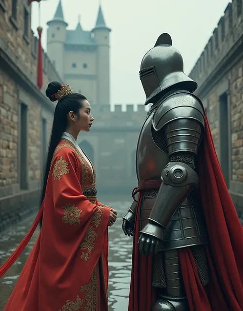 2 characters: An Asian woman in traditional Chinese clothes. A European knight in medieval armor, wearing a helmet, face covered. Chinese princess and medieval knight, ancient style, medieval landscape, medieval castle. Professional shadows and professiona...