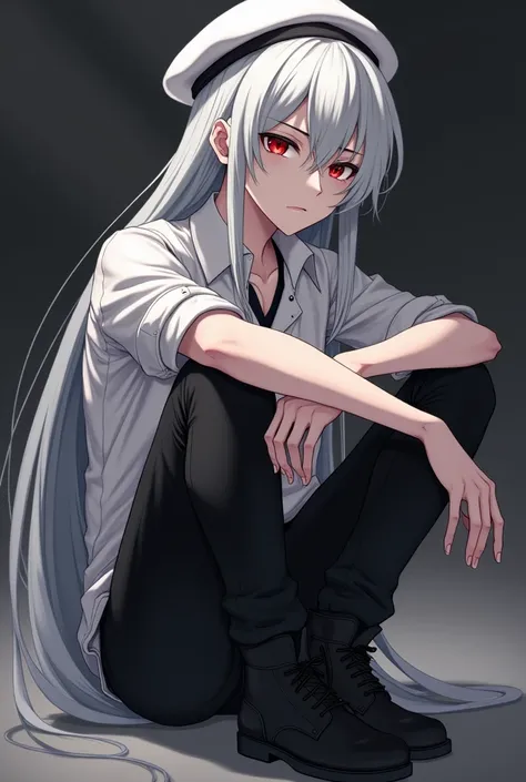 Create a game poster of an anime male teenager with white hair and red eyes,  vestindo uma camisa branca ,  black pants and black shoes and a headdress /White hat and your head ,  your expression is serious and sad ,  the setting is also sad with its predo...