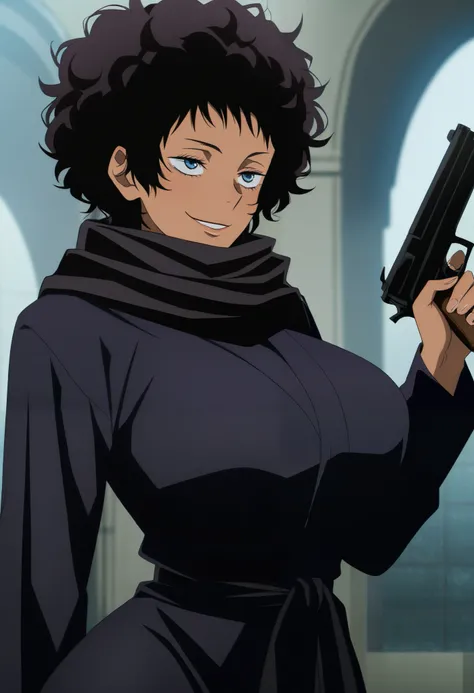 Jujutsu Kaisen screencap anime style a girl with short hair black hair wavy hair fluffy hair afro dark brown skin tone blue eyes wearing a black scarf around neck wearing a black robe wide hips big heavy chest mad face holding gun score_9_up, score_8_up, m...