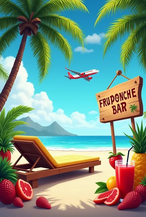 I need an image without people with red juice, tropical fruits, palm trees, a sunbed, an airplane and a sign that says the Fruponche bar. 