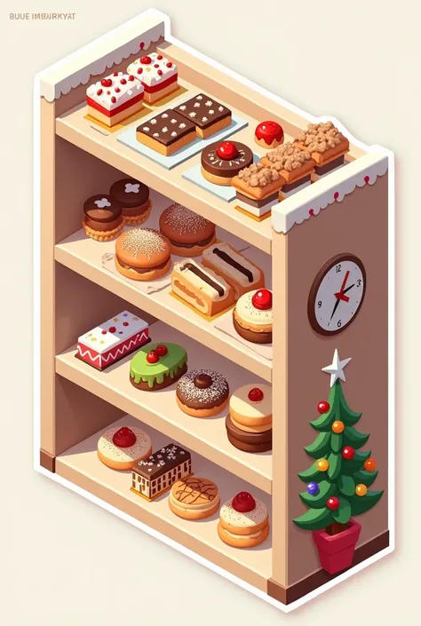 Isometric Christmas bakery shop shelves sticker set no background no people