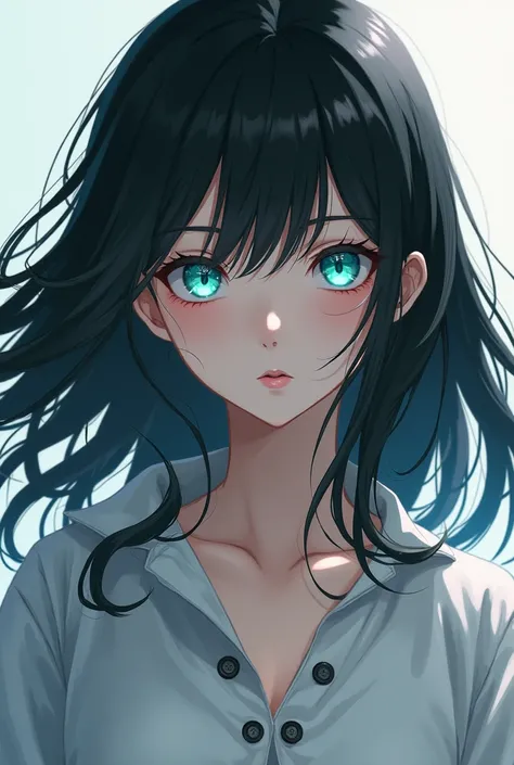 Black-haired teenage anime girl who reaches her chest with snaps, turquoise eyes and white skin 