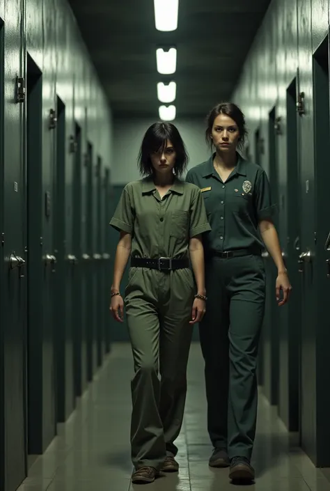  wearing prison uniform, Handcuffed,  being taken to her female prisoner cell , by a female guard ,