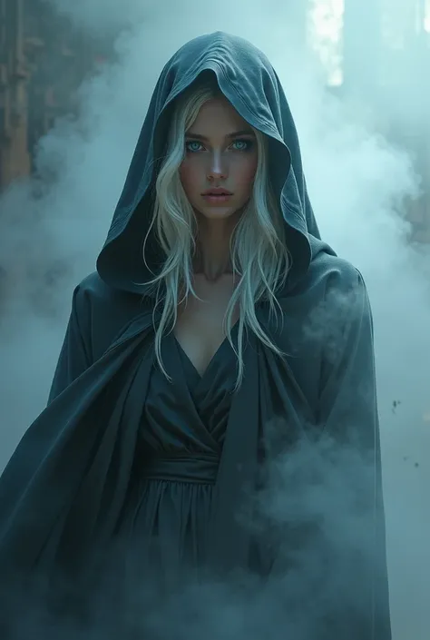 white-haired blue-eyed white-haired woman with a white hood over her head floating amidst smoke and chaos