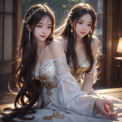  best smile , Long Flowing Hair 、 fantasy、beautiful、Shining Light、( top quality 、4K、8k、 high res、masterpiece:1.2)、 super detailed 、( real、 photorealistic、 photorealistic:1.37)、 Intricate Details、 gentle expression 、 Dreamy Vibes、 Warm Lights 、Shining Aura、...