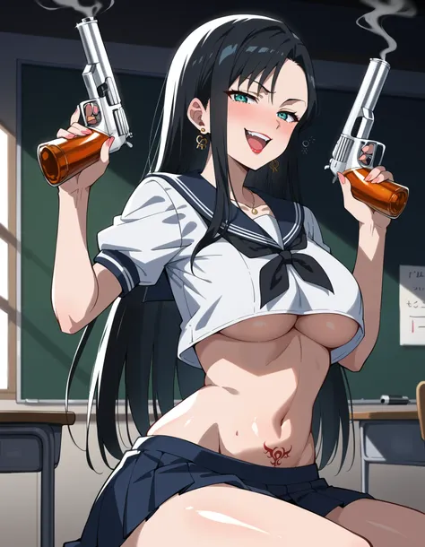 score_9,score_8_up,score_7_up,score_6_up, source_anime, 1girl,  long hair, black hair, teal eyes, necklace, drunk, solo, , ear piercing, long hair, blush, lipstick,Hot girl, baddie, smoking, sensual, attractive ,masterpiece, best quality, highly detailed, ...