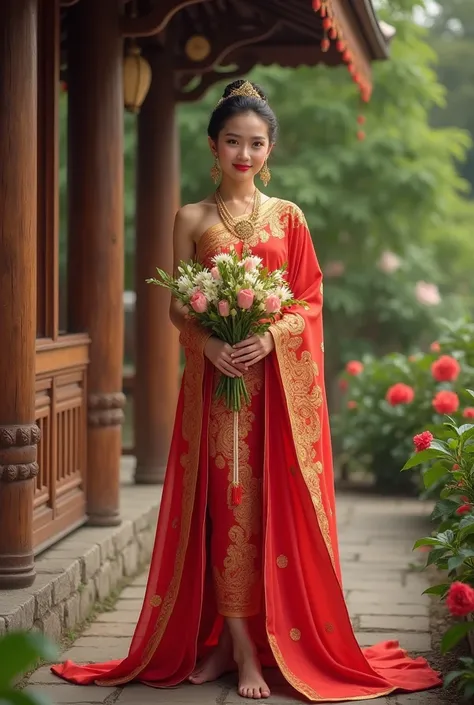 Beautiful young woman wearing a red and gold silk Lanna Thai dress, wearing northern jewelry, standing in a Thai wooden pavilion, holding flowers, with a green garden, flower garden, realistic 3D oil painting, 8K UHD resolution, wide view, full body.