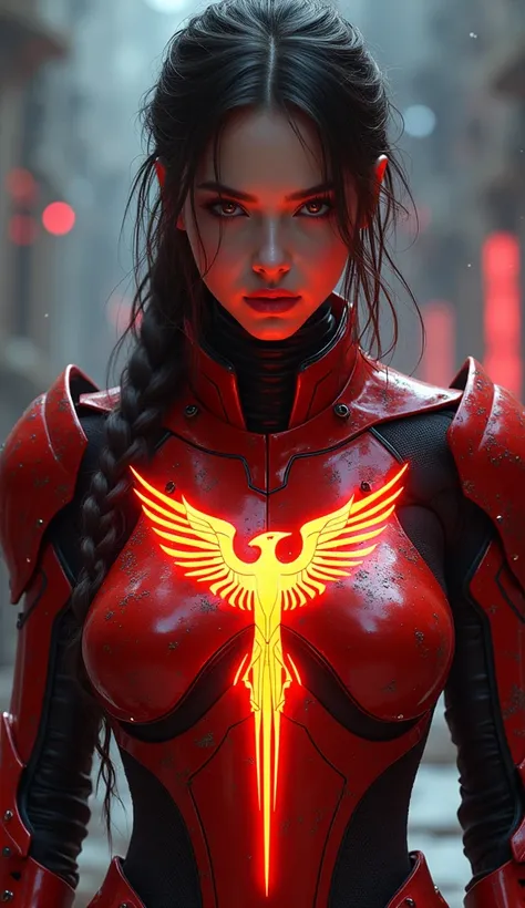  masterpiece, official art, a female warrior wearing a streamlined red and black metal frame armor that fits her body and holds a sword at a 45-degree angle, the Phoenix flame emblem shines brightly like neon from the center of the chest to the entire body...